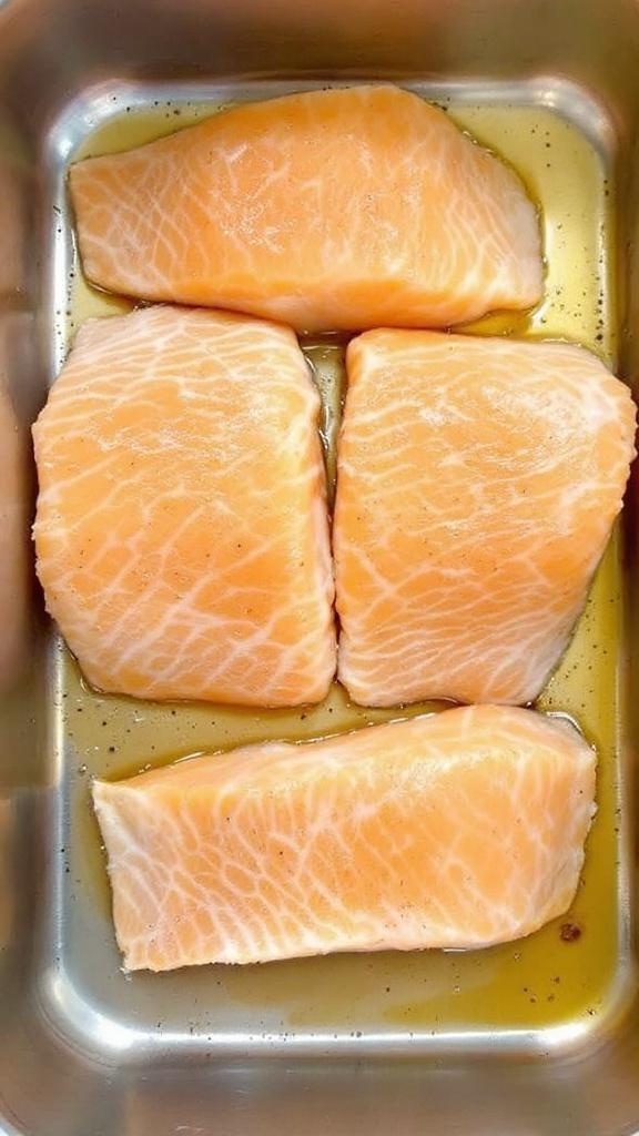 Salmon fillets in a baking dish with olive oil