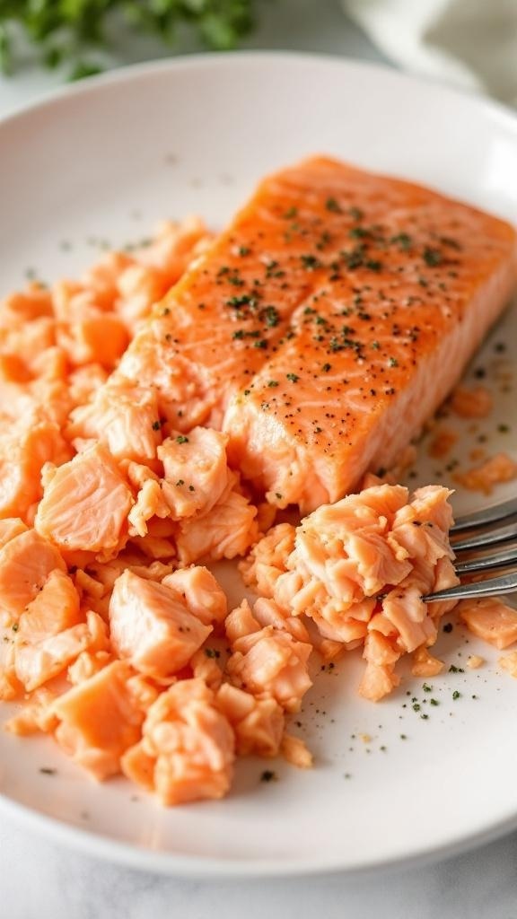 A plate of cooked salmon fillet with flaked pieces ready for salad preparation.