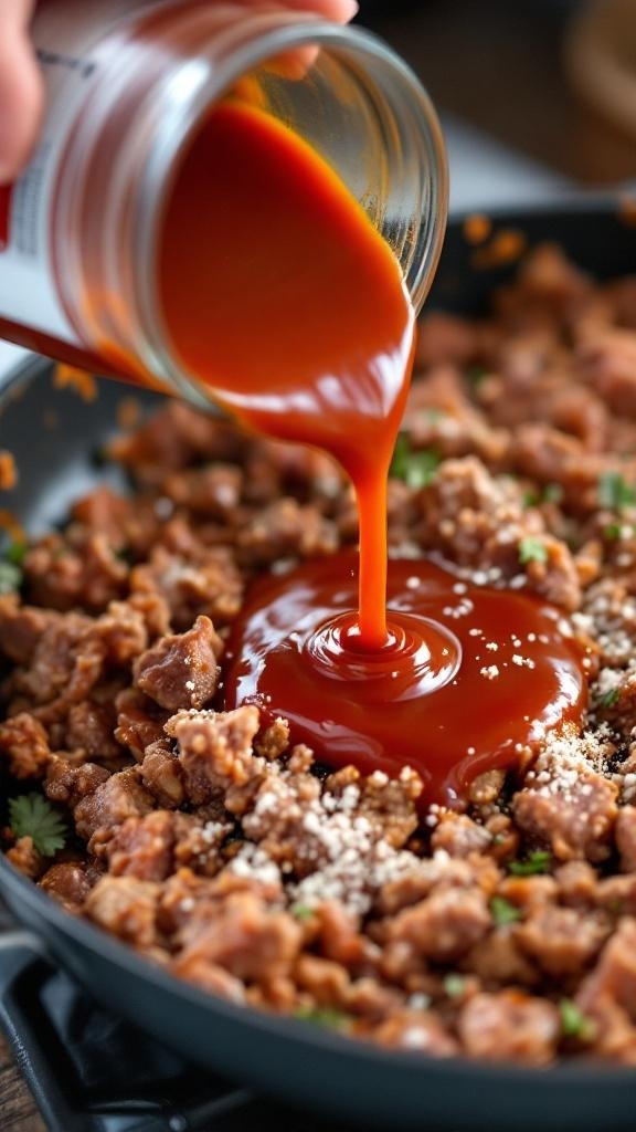 Barbecue sauce being poured into a skillet with ground beef.