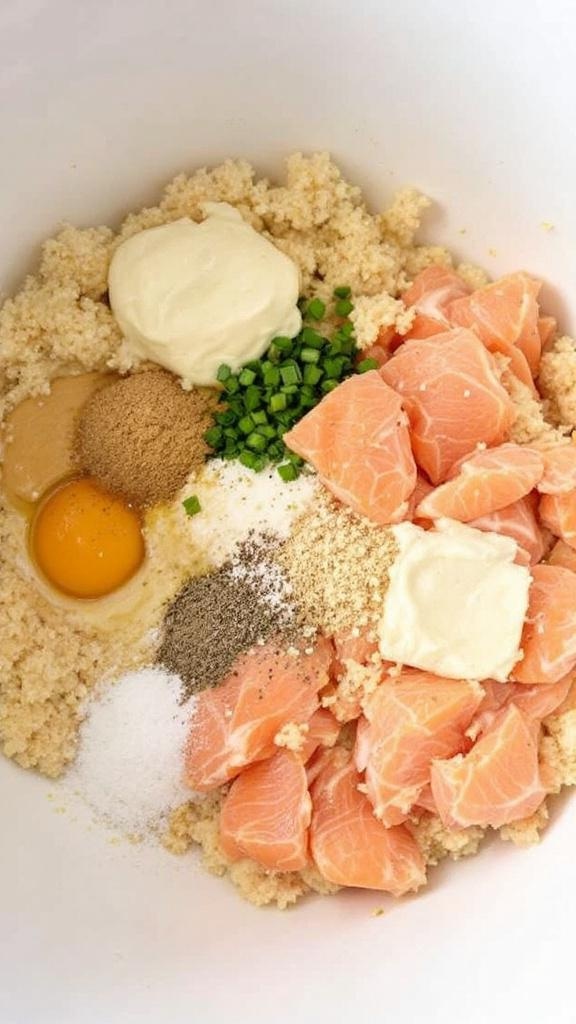 Ingredients for salmon patties including salmon, egg, mayonnaise, and seasonings in a mixing bowl.