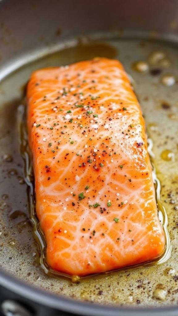 Cooked salmon fillet in a pan with diced vegetables
