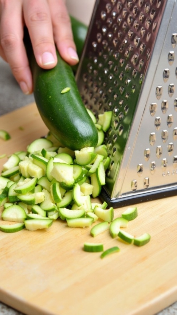 Grated zucchini on a wooden cutting board next to a grater.