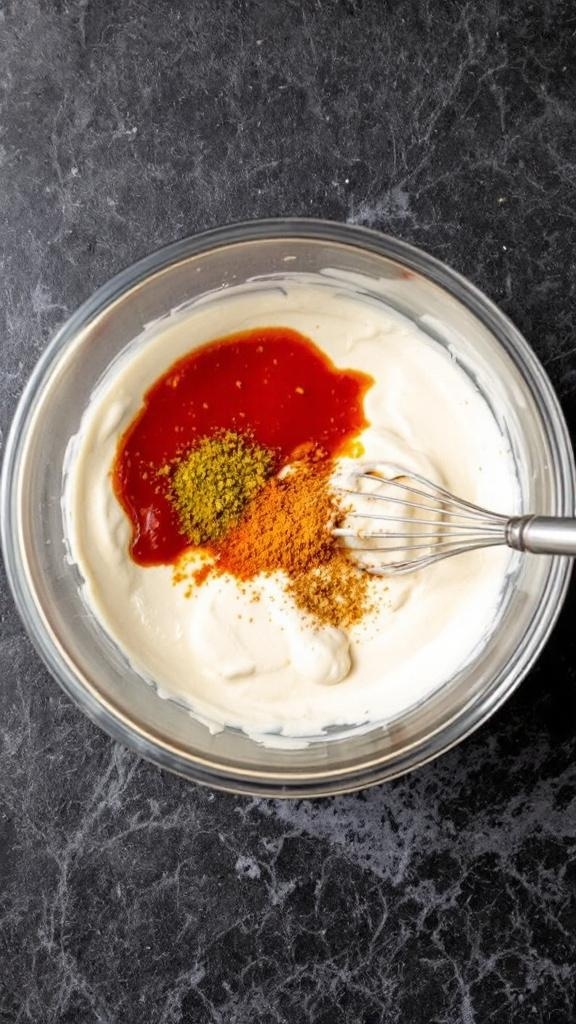 A bowl of creamy Bang Bang sauce with a whisk