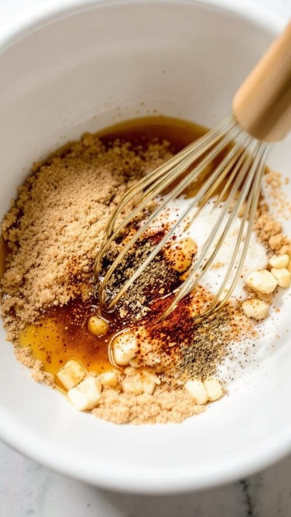 A bowl with brown sugar, spices, and syrup being whisked together for a sweet and spicy coating.