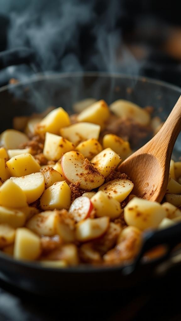 A skillet with diced apples and cinnamon being prepared for a topping.