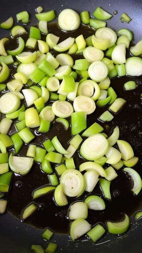 Chopped leeks sautéing in a pan with olive oil.