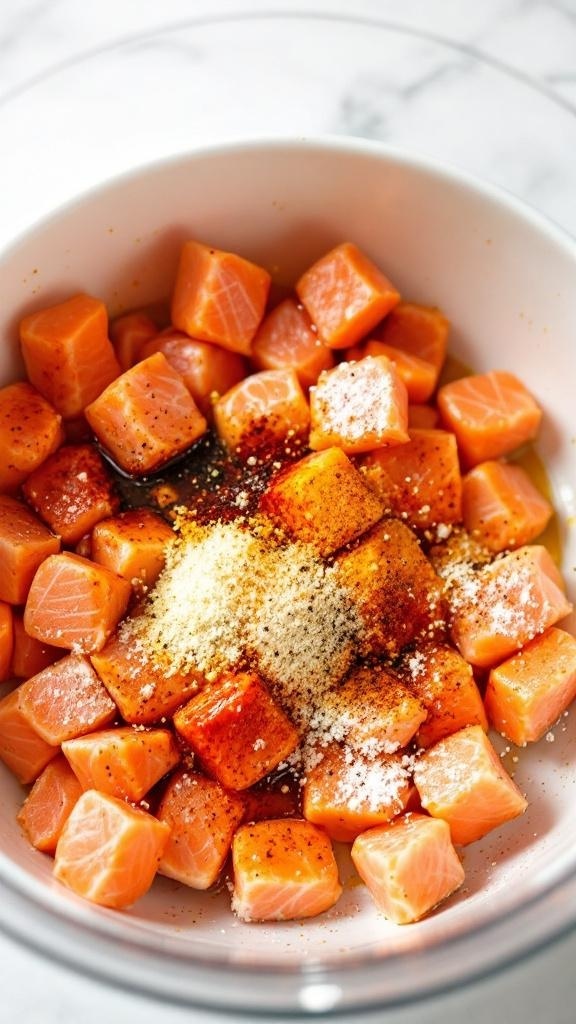 Bowl of seasoned salmon bites ready for air frying