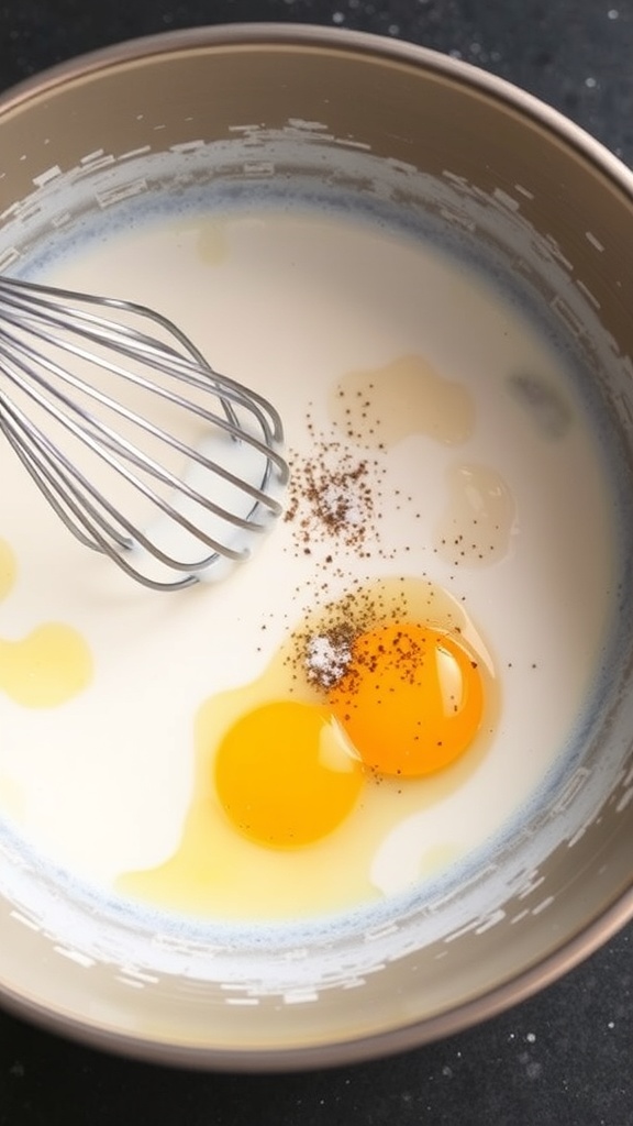 A bowl containing eggs and milk being whisked together.