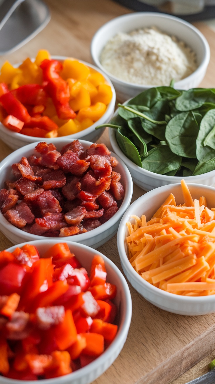 Ingredients for breakfast egg muffins, including diced bell peppers, spinach, sausage, and shredded cheese.