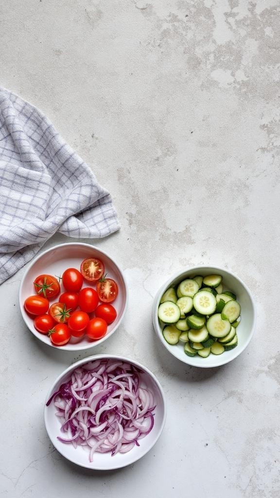 Colorful ingredients for a salmon avocado salad, including cherry tomatoes, cucumber, and red onion.
