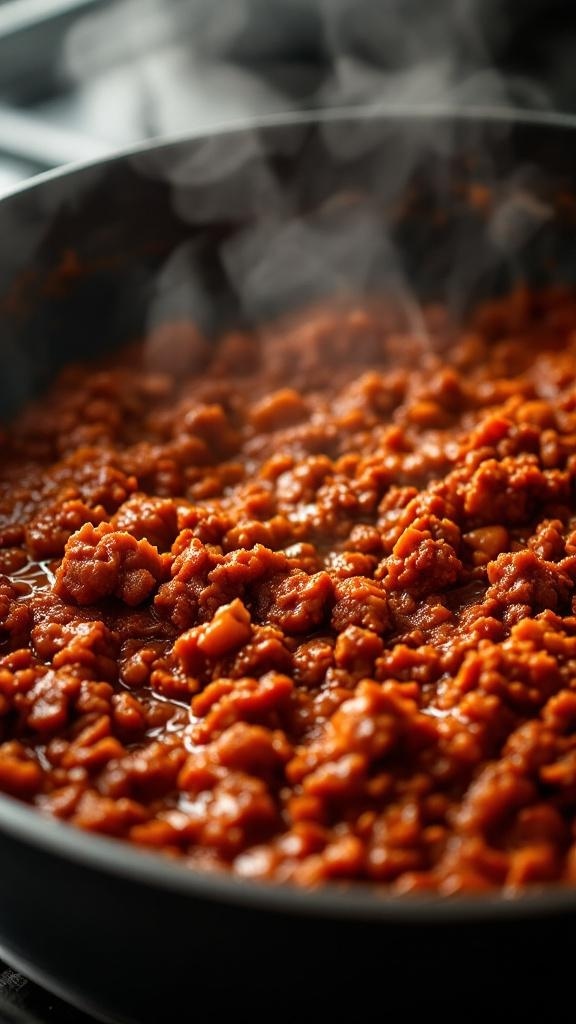 A close-up of a simmering barbecue sloppy joe mixture in a skillet.