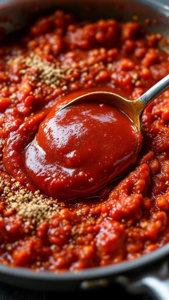A close-up of a rich, red sauce in a skillet, perfect for a sloppy joe casserole.