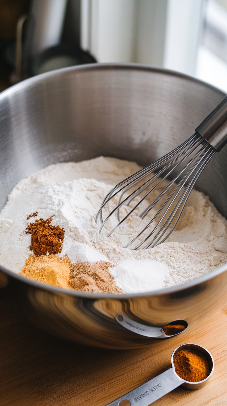 A bowl with dry ingredients for zucchini muffins, including flour, baking powder, and spices, with a whisk.