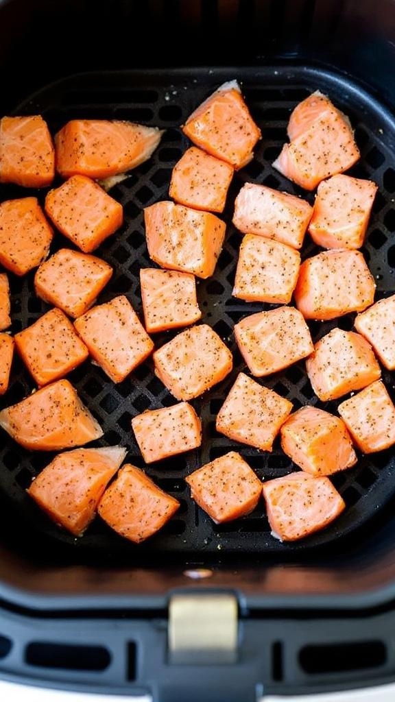 Air fryer salmon bites arranged in a basket