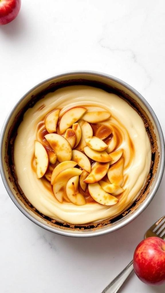 A cheesecake being assembled with apple slices and caramel on top.