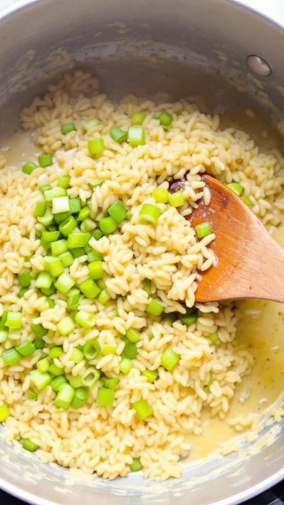 A pot of orzo pasta mixed with leeks and green onions.