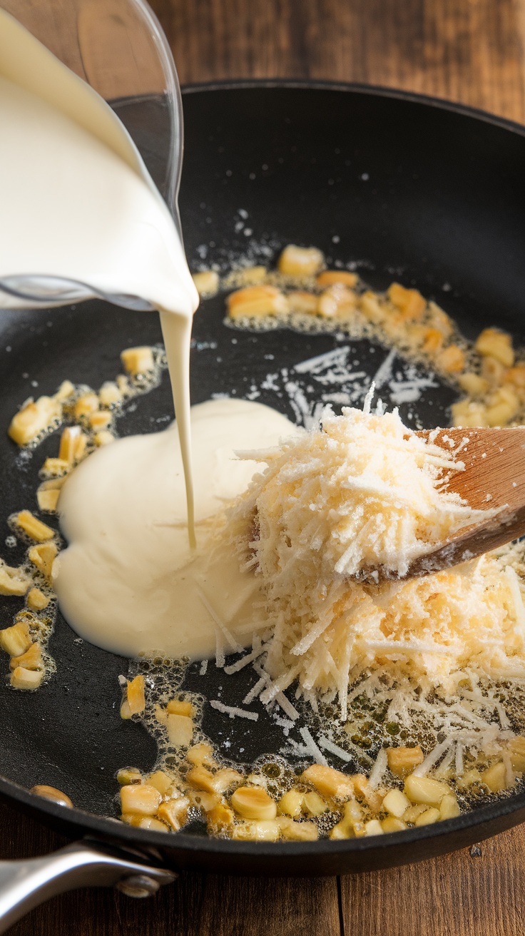 Creamy sauce being poured over pasta ingredients in a pan.