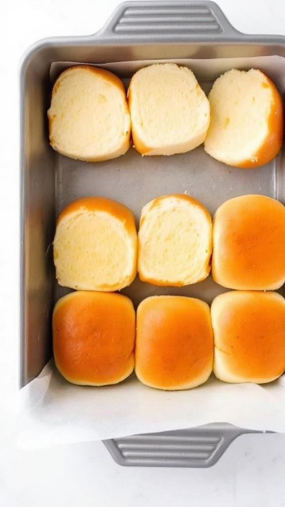 Sliced slider buns layered in a baking pan, ready for a barbecue sloppy joe recipe.