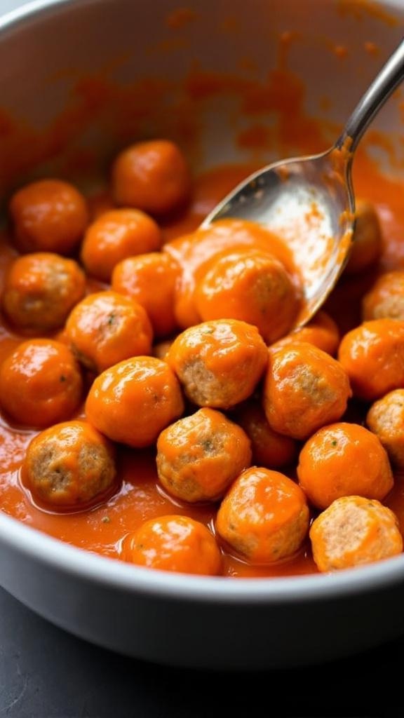 Baked Buffalo Chicken Meatballs coated in buffalo sauce