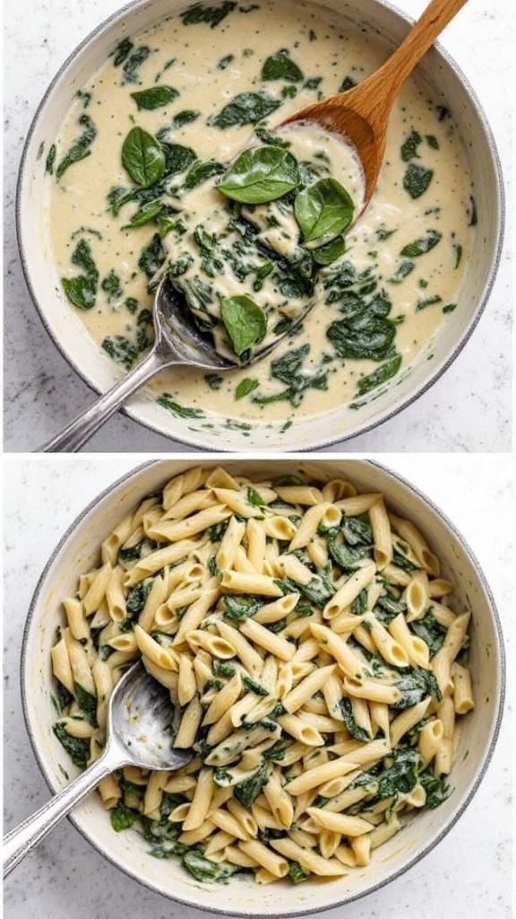 Creamy salmon pasta with spinach in a bowl