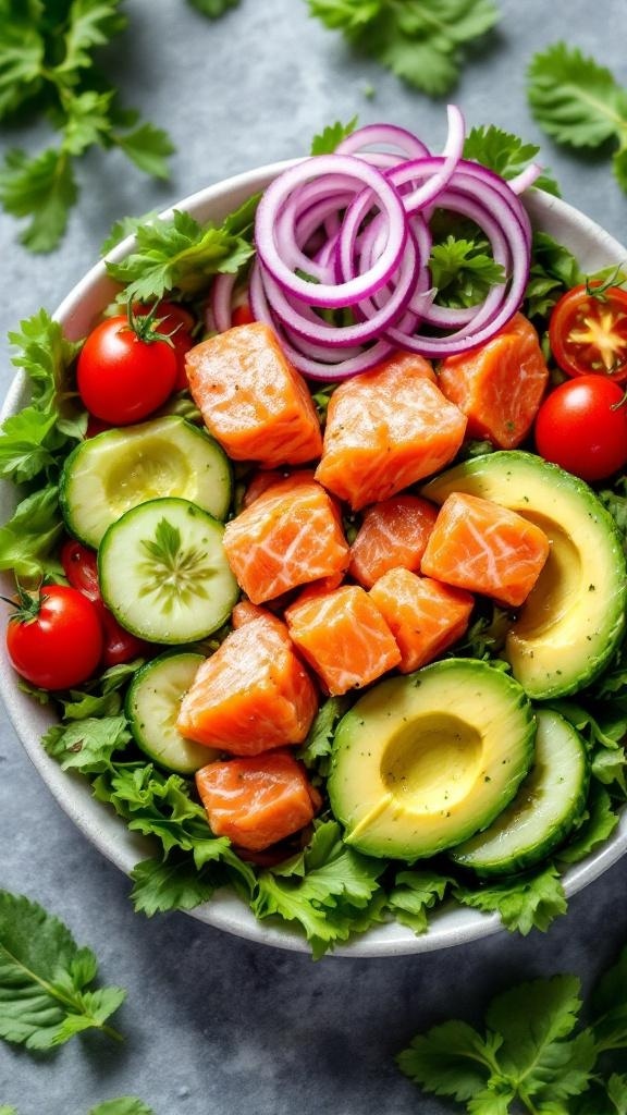 A vibrant salmon avocado salad with mixed greens, cherry tomatoes, cucumbers, red onion, and cilantro.