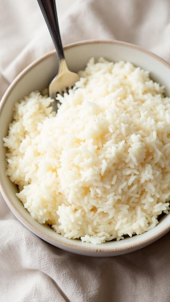A bowl of fluffy white rice, ready to be used as a base for a Sloppy Joe bowl.