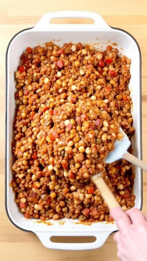 A delicious sloppy joe casserole in a baking dish, ready to be served.