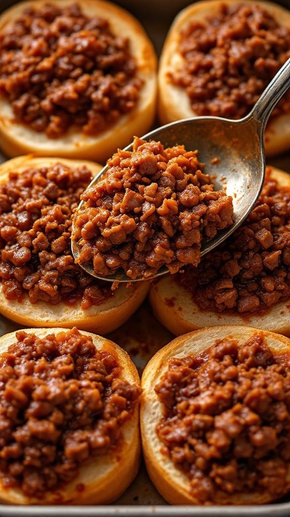 A close-up of hamburger buns topped with a savory barbecue sloppy joe mixture.