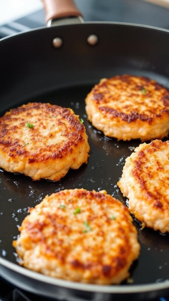 Golden brown salmon patties cooking in a skillet.