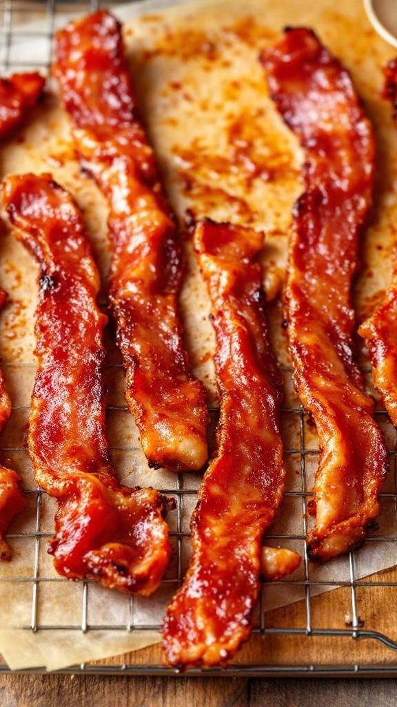 Candied bacon twists cooling on a wire rack