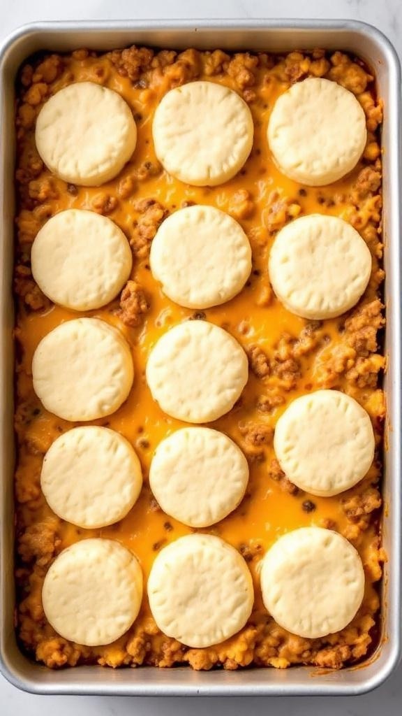 Sloppy Joe casserole topped with biscuit pieces