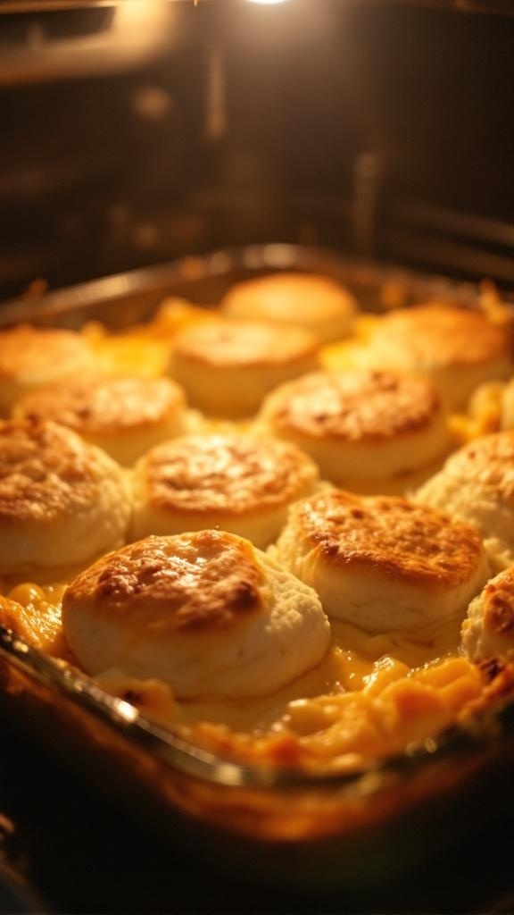 A bubbling sloppy joe casserole in the oven, topped with golden biscuits.