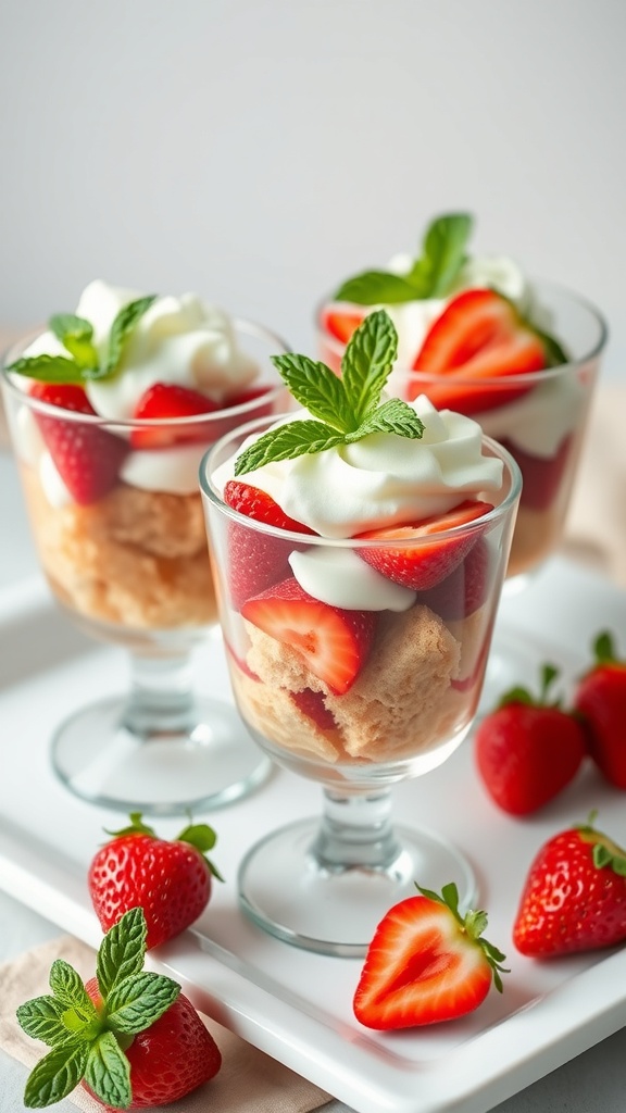 A delicious strawberry shortcake trifle in glass cups, layered with strawberries, whipped cream, and cake.