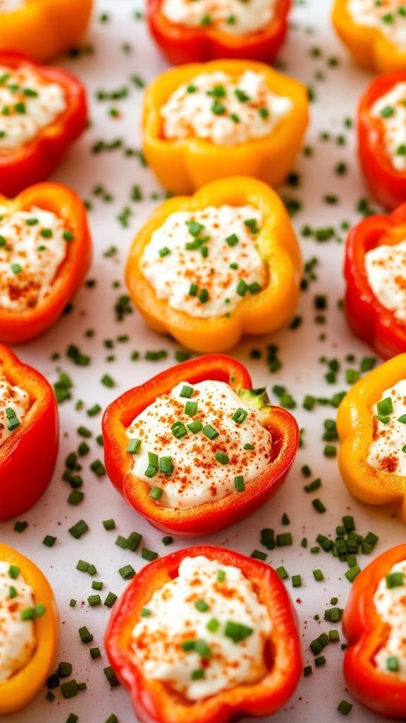 Stuffed mini peppers filled with herbed cheese and garnished with chives