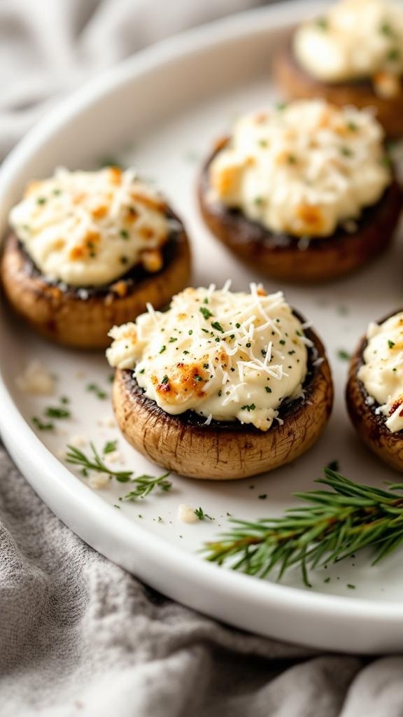 Stuffed mushrooms topped with creamy filling and herbs on a white plate.