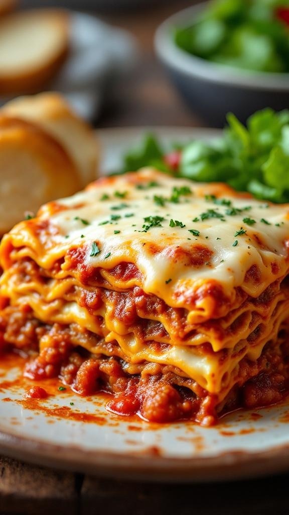 A plate of classic beef and veggie lasagna with layers of pasta, meat, and cheese.