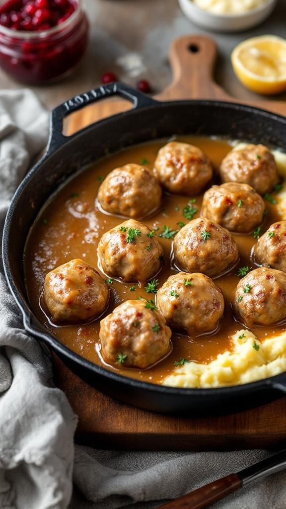 A delicious serving of Swedish meatballs with cream sauce, mashed potatoes, and lingonberry sauce.
