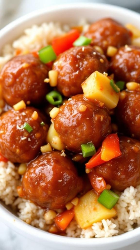 A bowl of sweet and sour meatballs with colorful vegetables and rice