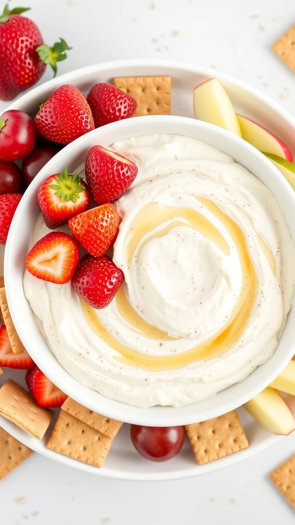 A bowl of sweet cream cheese fruit dip surrounded by fresh strawberries, grapes, and apple slices, with graham crackers on the side.