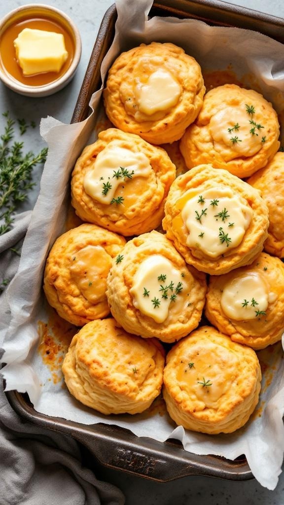 A tray of golden sweet potato biscuits topped with butter and garnished with thyme.