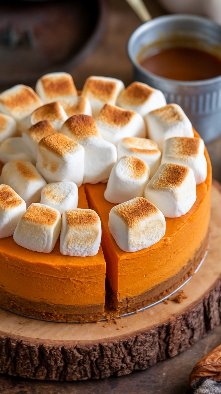 A delicious sweet potato cheesecake topped with toasted marshmallows, served with a drizzle of syrup.