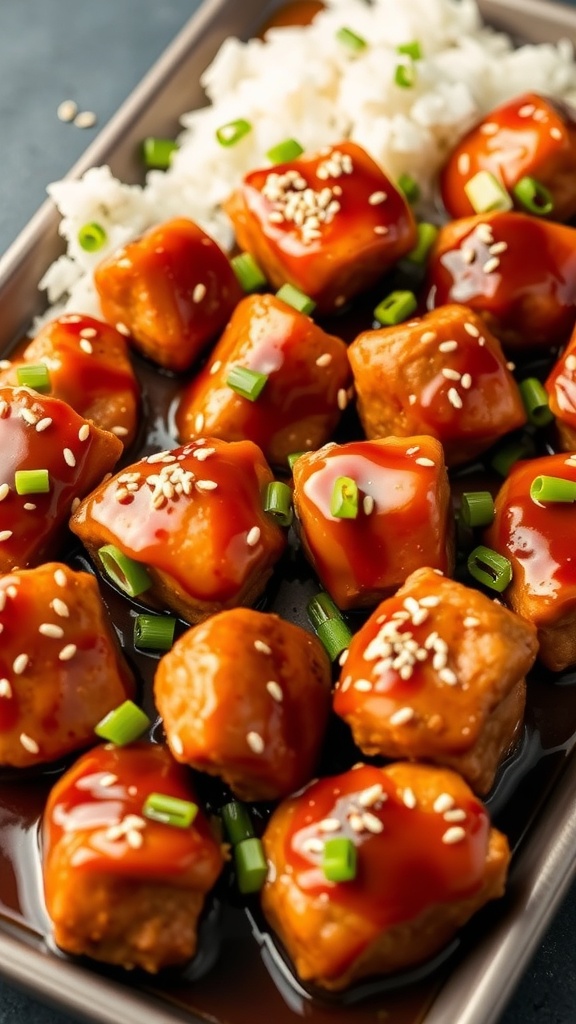 A plate of teriyaki chicken meatballs served with rice and garnished with green onions and sesame seeds.