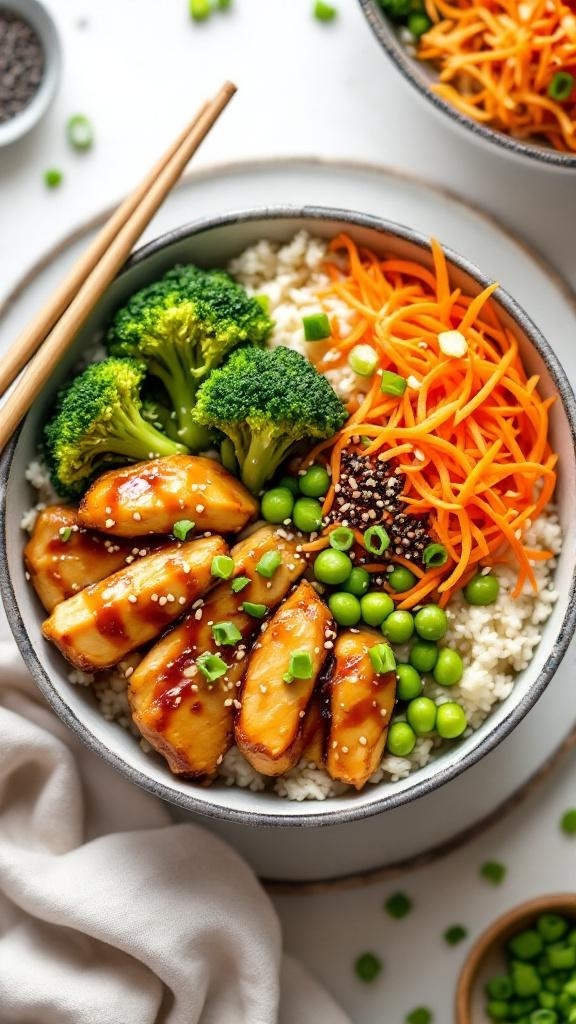 A bowl of teriyaki chicken rice with broccoli, carrots, and peas.