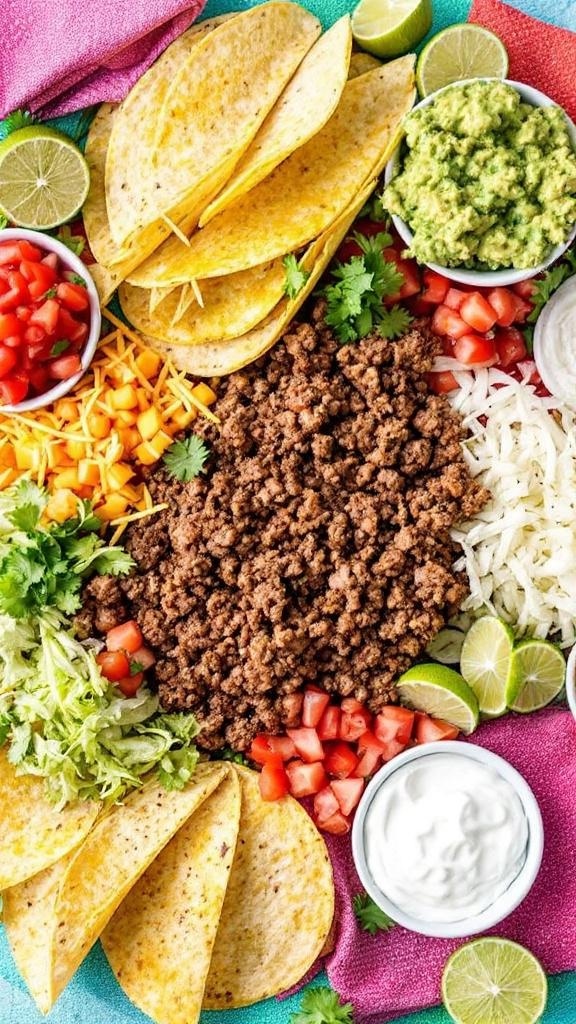 A colorful taco platter with ground beef, taco shells, and various toppings.