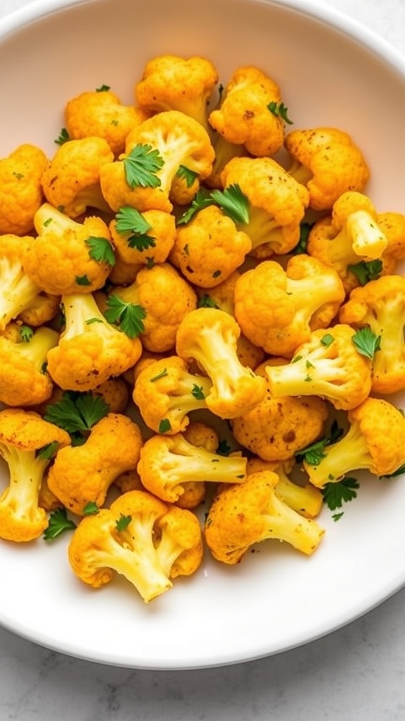 A bowl of turmeric roasted cauliflower florets garnished with parsley.