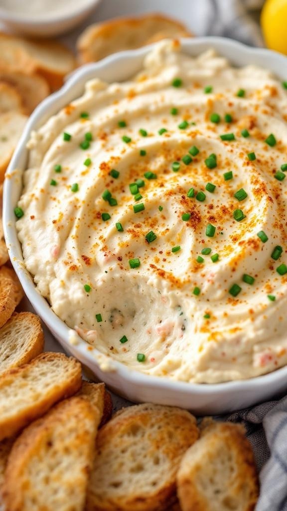 A creamy warm crab dip topped with herbs and served with crispy bread.