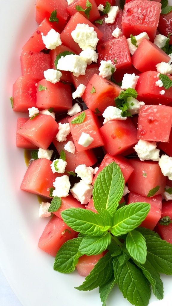 A vibrant salad featuring cubed watermelon, crumbled feta cheese, and fresh mint leaves.