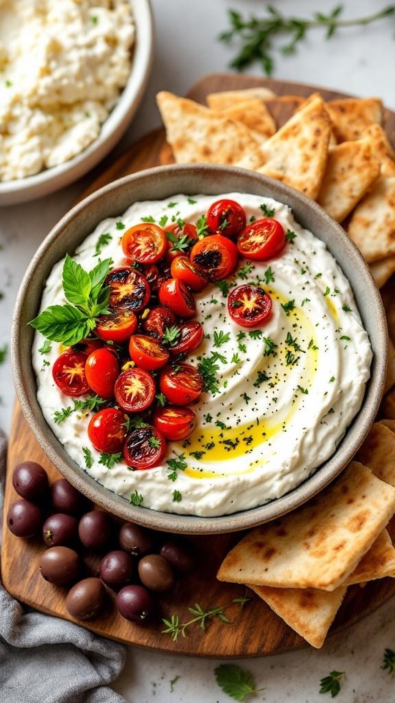 A bowl of whipped feta cream cheese dip topped with roasted tomatoes, served with crackers on a wooden board.