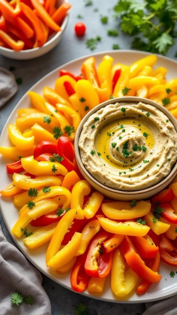 A platter of yellow and red bell pepper strips arranged around a bowl of hummus, garnished with parsley.