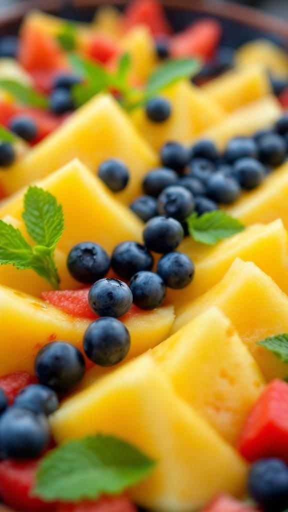 A plate of yellow watermelon slices garnished with blueberries and mint leaves.